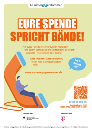 Eure Spende spricht Bände! Hinwiese und QR-Code auf die Spendenmöglichkeit bei Nummer gegen Kummer e.V.