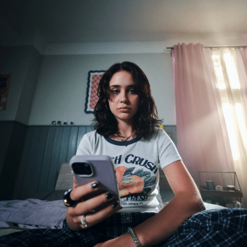 Das Foto zeigt eine junge Person, die in einem abgedunkelten Raum sitzt. Sie hat ein Smartphone in der Hand, auf das sie schaut. Ihr Blick ist ernst. Das Foto ist von schräg unten aufgenommen, sodass das Smartphone im Vordergrund zu sehen ist und der Oberkörper und das Gesicht der Person dahinter.